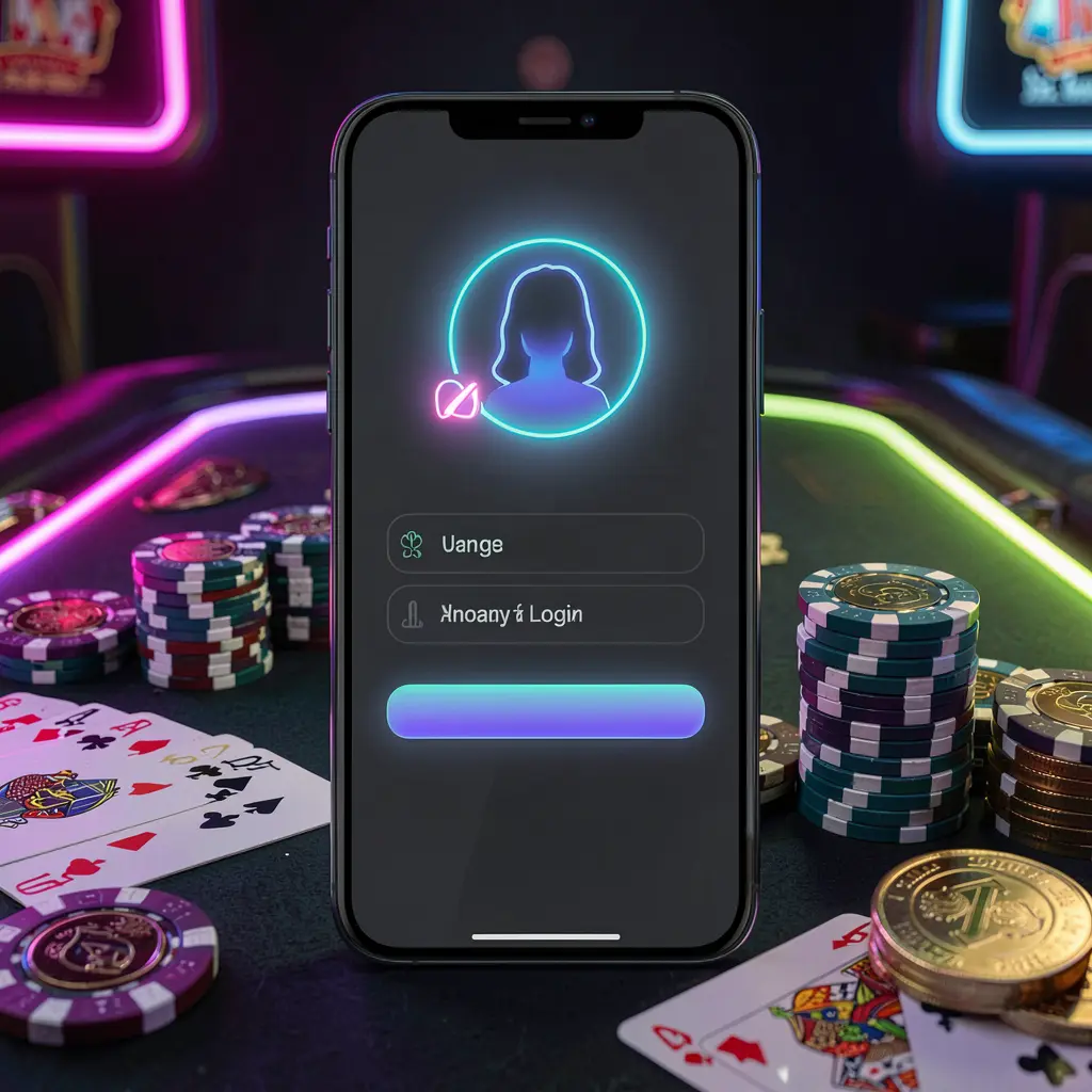 VEX07 casino app login scene on a smartphone with a glowing user profile icon, surrounded by chips, cards, and coins against an elegant dark background with neon highlights