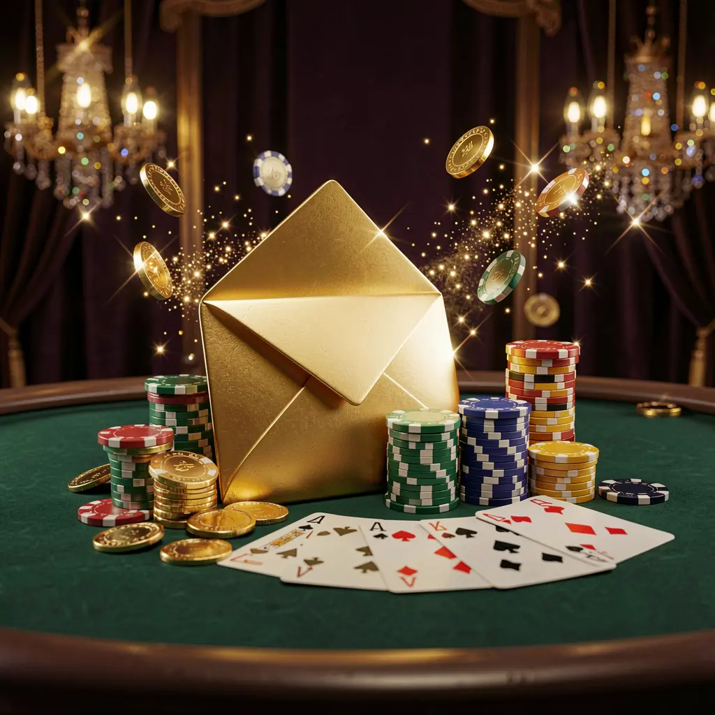 VEX07 exclusive casino promotion scene featuring a golden envelope surrounded by chips, coins, and playing cards against a luxury dark background with sparkling lights in a cinematic 3D render