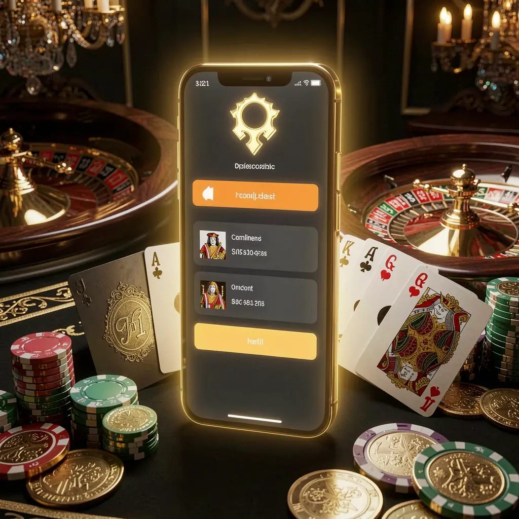 VEX07 online casino account portal featuring a glowing smartphone, premium cards, chips, roulette wheel, and coins against a black and gold background with cinematic lighting in a realistic 3D render