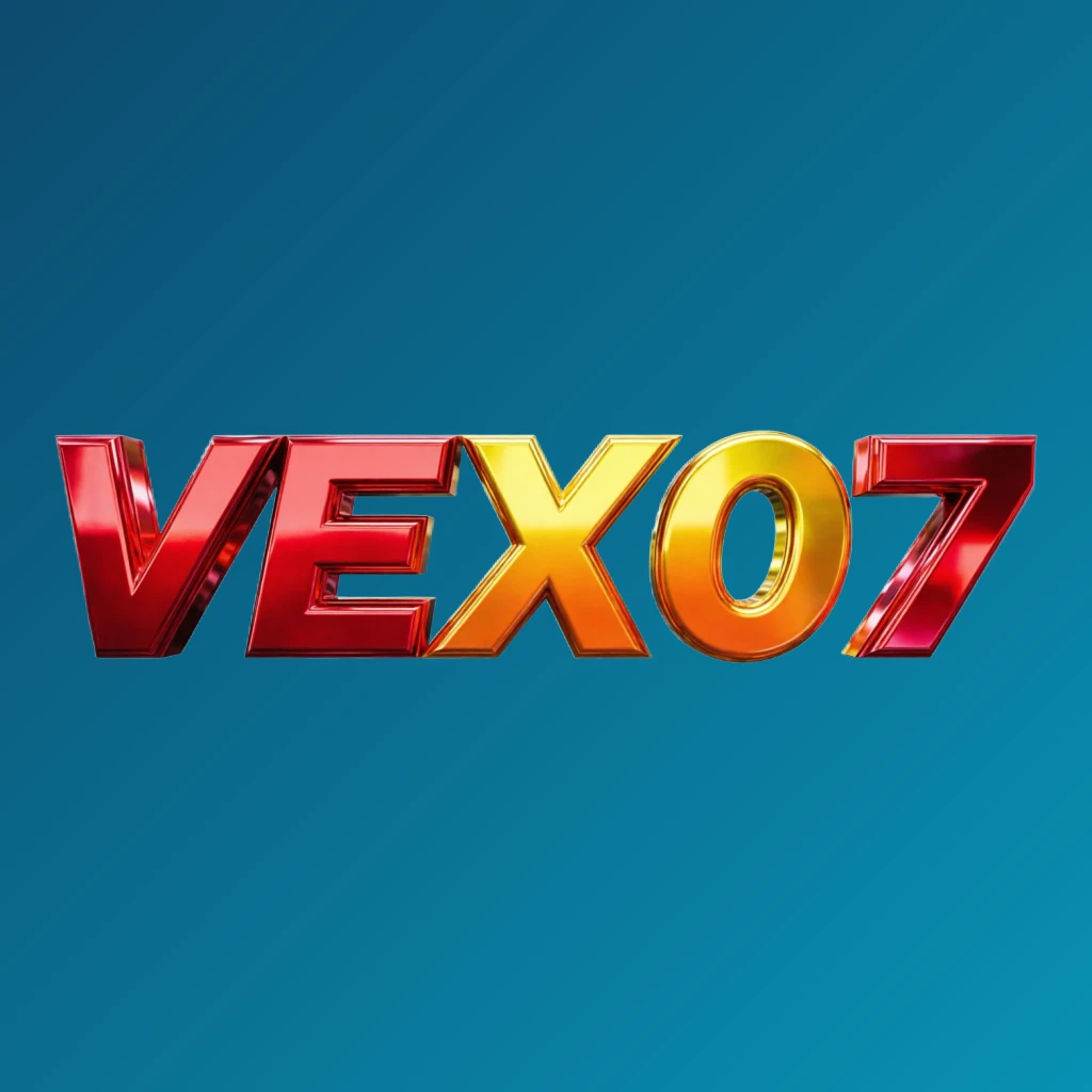 VEX07 vibrant logo design featuring bold heavy typography in bright red, yellow, and orange with a glossy 3D effect, showcasing an energetic modern branding style on a transparent background in a wide horizontal rectangular wordmark format