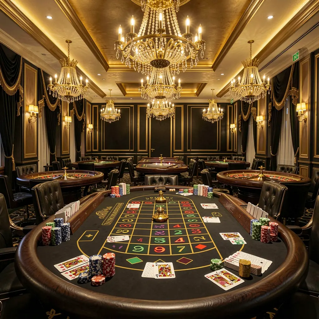 VEX07 luxury online casino lobby with glowing roulette tables, golden lights, poker chips and cards in a premium black and gold design